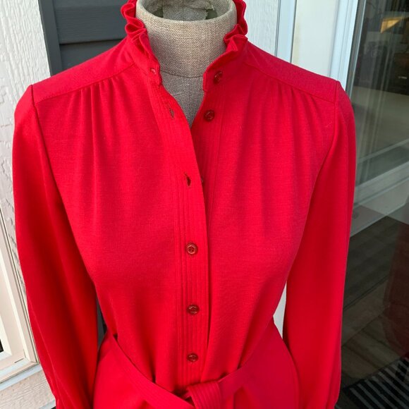 Vintage 70s Button Tie Front  Ruffle Trim Modest 60s Retro Secretary Dress - Picture 4 of 16